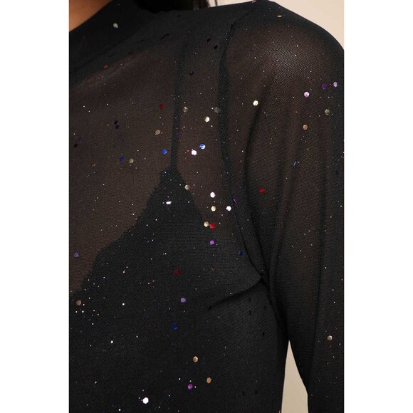 Lulus Black Sparkly Embellished Sheer Mesh Long-Sleeve Sexy Thong Bodysuit - Picture 2 of 15